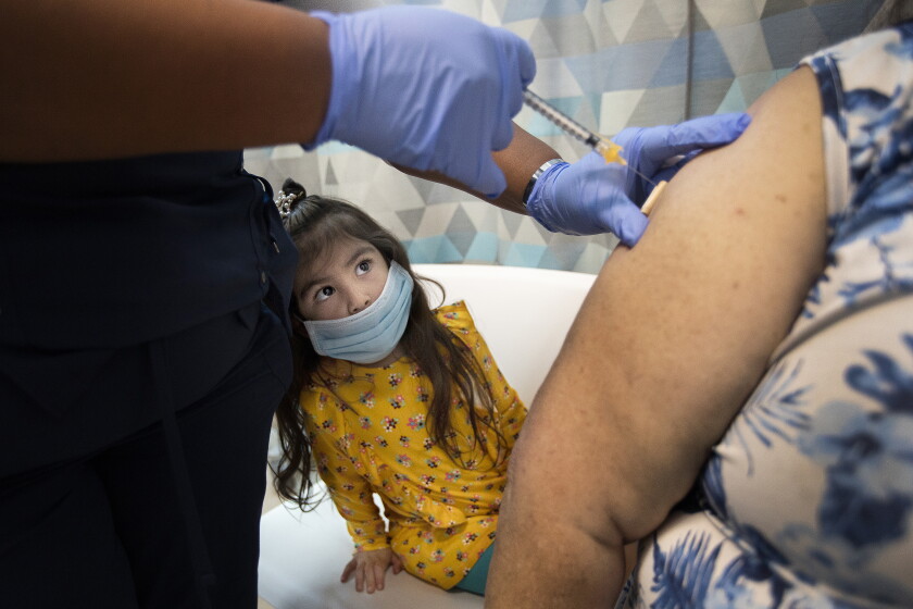 California postpones decision on relaxing face mask and
distancing rules for workers 3 LOS ANGELES, CA - MARCH 05: Monserat Ramos, 3, keeps a close eye on the needle as both of her grandparents are vaccinated at a clinic run by MLK Community Healthcare (MLKCH) on Friday, March 5, 2021 in South Los Angeles, CA. According to their website, "MLKCH will offer free Pfizer vaccines ONLY to eligible community members, including healthcare workers, emergency services and first responders, educational and child care professionals, agricultural and food service workers, as well as persons 65 years and older, that reside in Service Planning Area 6." Currently they are not taking walk-ins at this time. (Francine Orr / Los Angeles Times)