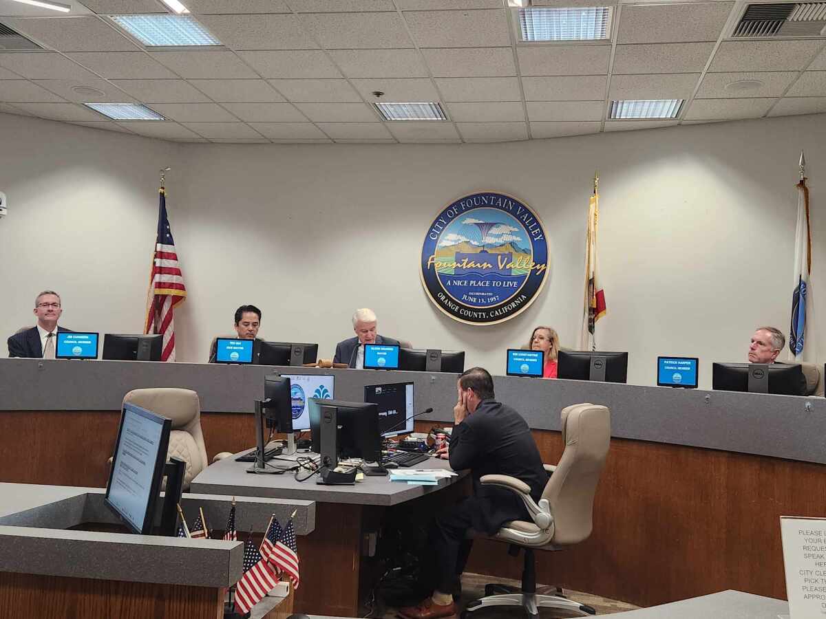 The Fountain Valley City Council during a meeting in council chambers. 