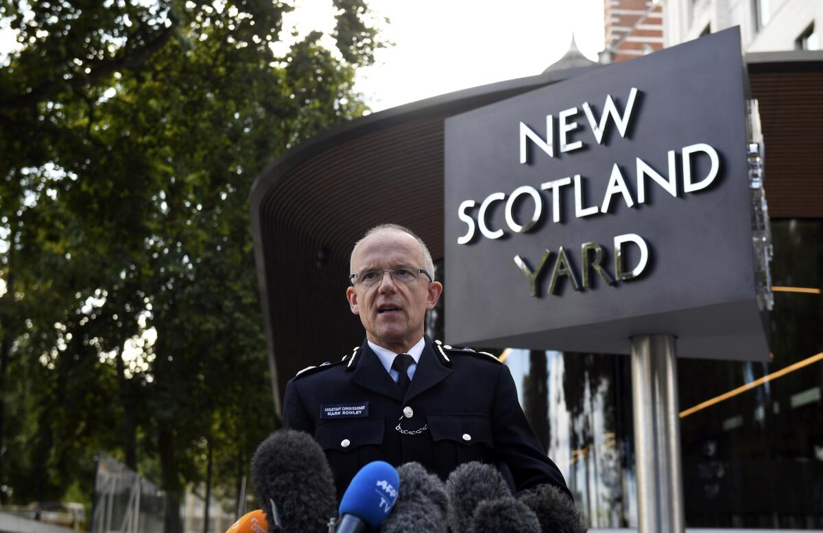 FILE - Metropolitan Police Assistant Commissioner Mark Rowley speaks to the media in London, Sept. 15, 2017. Veteran counterterrorism police officer Mark Rowley will be the new chief of London’s troubled Metropolitan Police, the British government said Friday, July 8 2022. Rowley, who was head of counterterrorism at the force between 2014 and 2018, becomes commissioner of Scotland Yard after a string of controversies undermined public confidence in the country’s largest police force. (Victoria Jones/PA via AP)