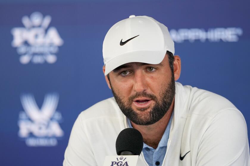 Scottie Scheffler speaks during a news conference after the second round of the PGA Championship golf tournament