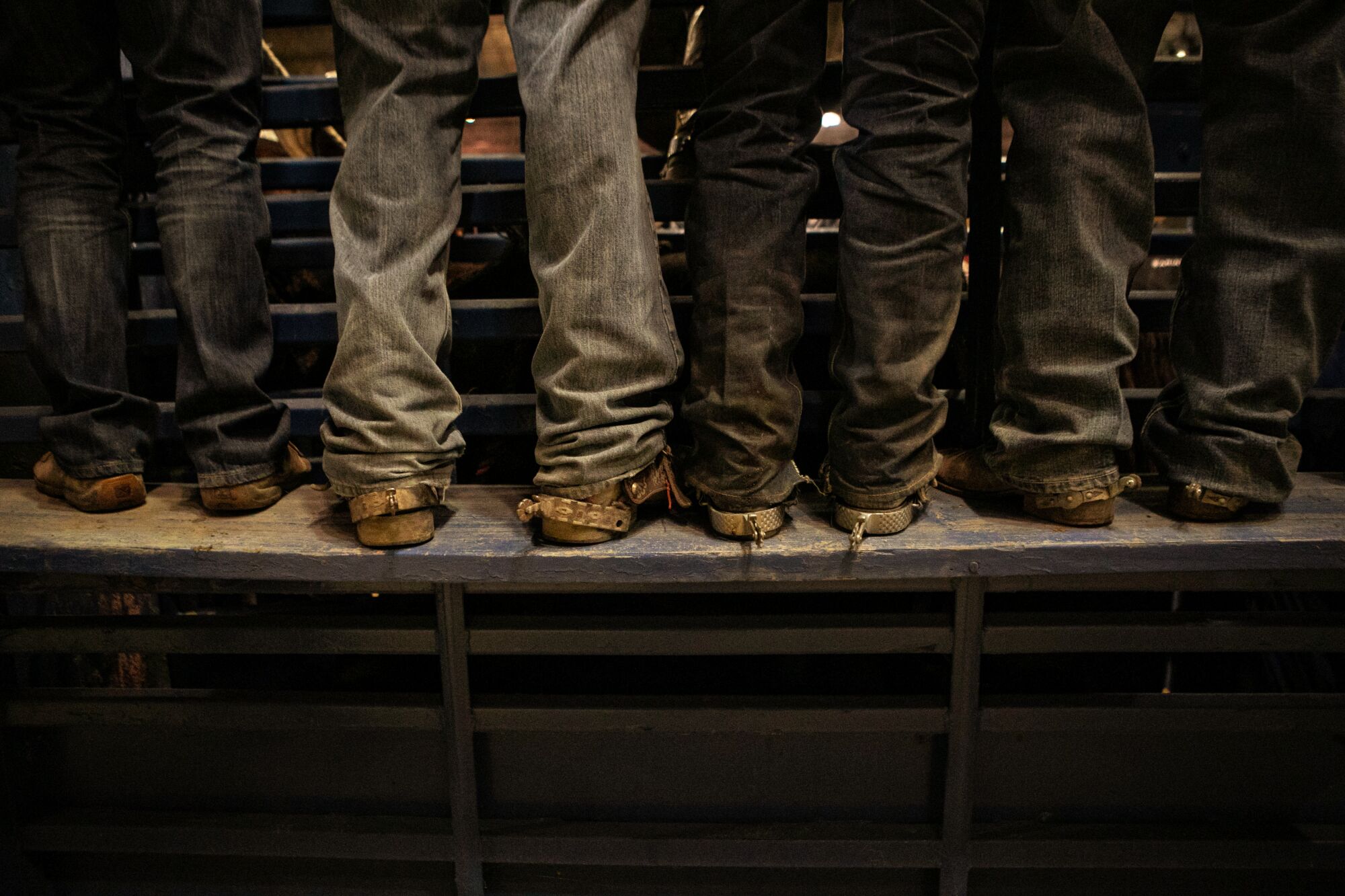 A close shot of four pairs of legs, some with spurs on their heels, standing in a row on a platform