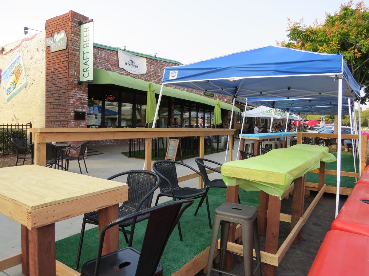 A new covered outdoor dining deck at Brewed Vista on Main Street in Vista 