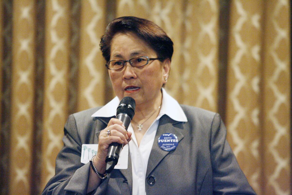 Council candidate Edith Fuentes answers a question about gun control during a debate, which took place at Oakmont Country Club in Glendale earlier this month.