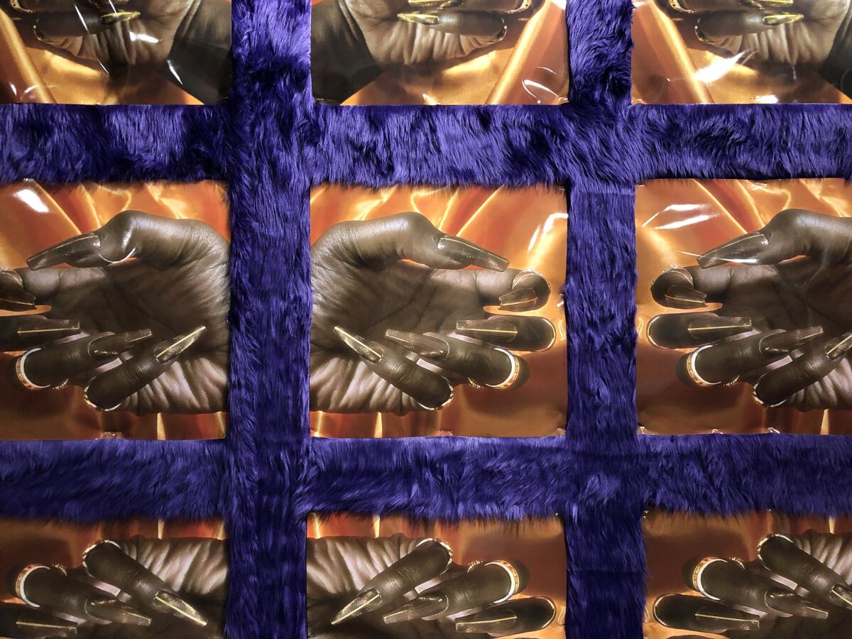 A grid features repeating images of a Black person's hand with golden nail tips surrounded by purple faux fur.