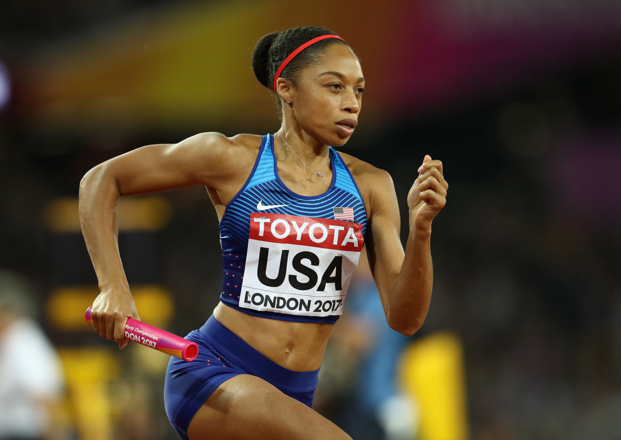 Allyson Felix competes in the women's 4X400-meter relay at the 2017 IAAF World Athletics Championships in London.