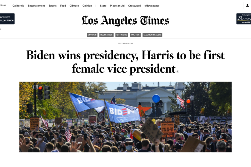 This is the latimes.com homepage after Joe Biden was elected president.