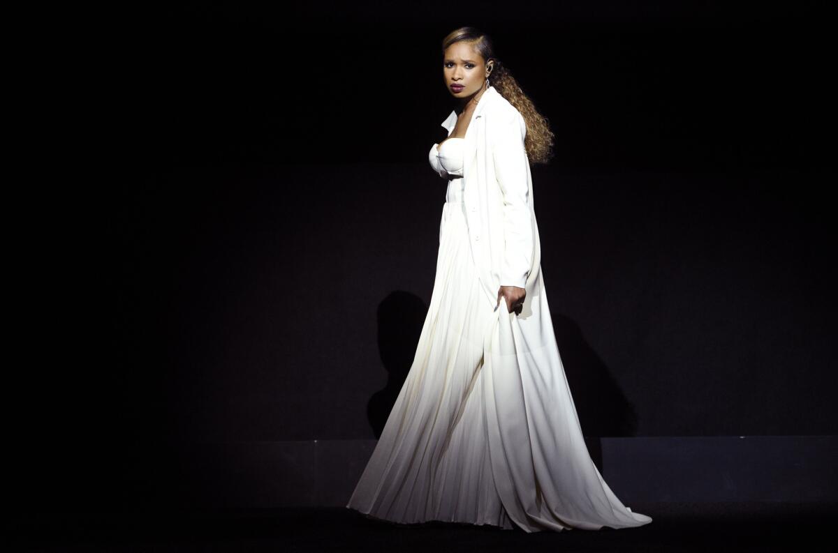 Jennifer Hudson, a cast member in the upcoming film "Cats," exits the stage Wednesday after performing "Memory" during the Universal Pictures presentation at CinemaCon 2019 at Caesars Palace in Las Vegas.