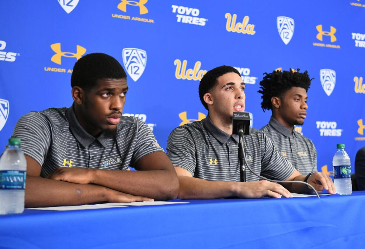 UCLA freshmen, from left, Cody Riley, LiAngelo Ball and Jalen Hill admitted to shoplifting while in China in a press conference at Pauley Pavilion.