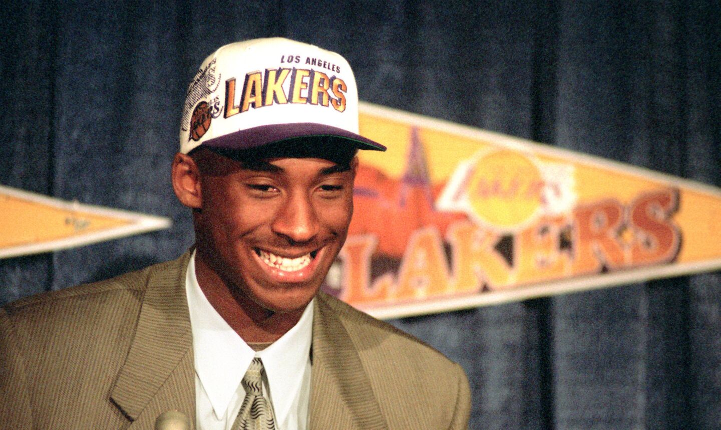 Kobe Bryant is all smiles at the July 1996 news conference where he was introduced after the Lakers acquired him from the Charlotte Hornets in exchange for Vlade Divac. The Hornets had selected the 17-year-old right out of high school with the 13th overall choice in the 1996 NBA draft.