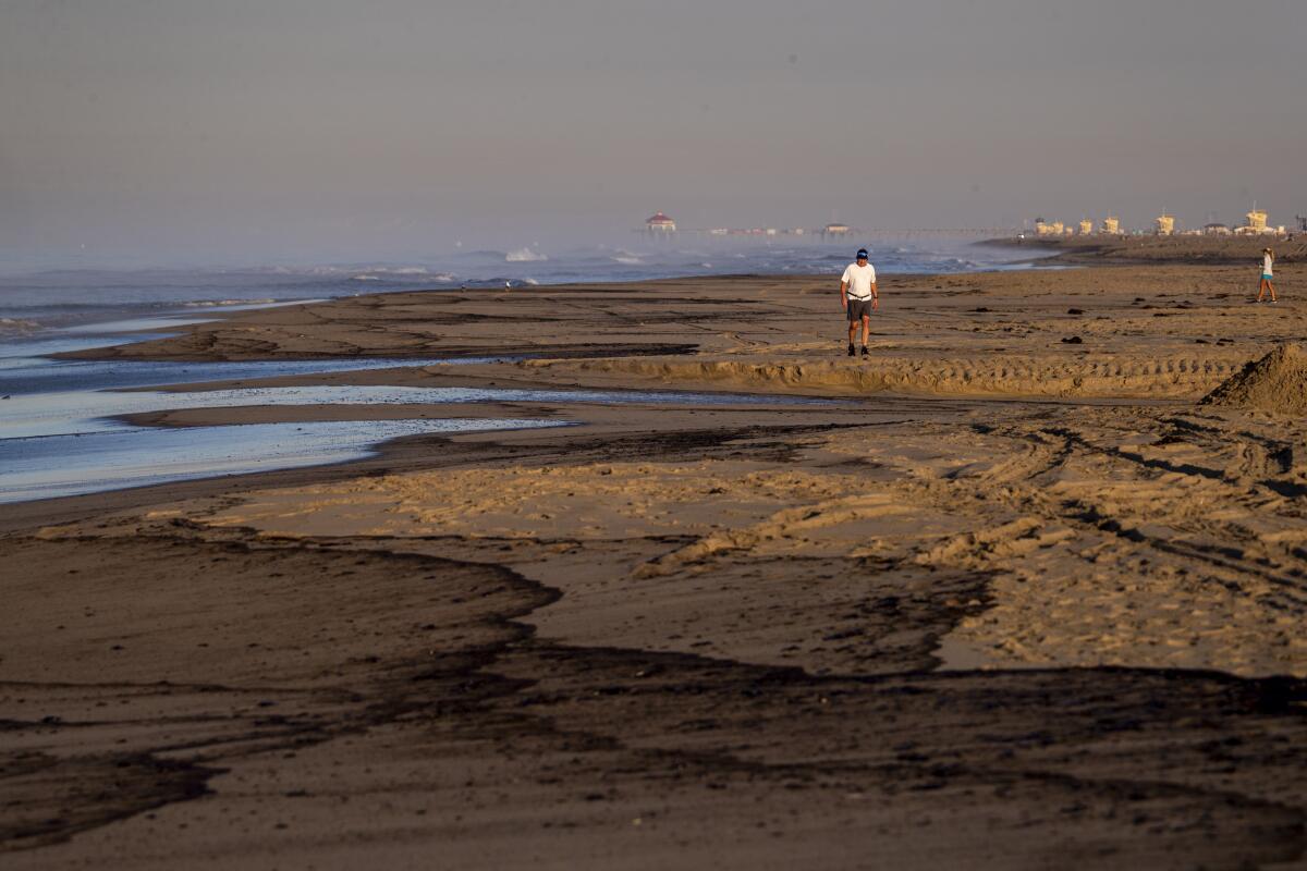 An oil slick lines the beach as a man walks, taking in the scene of a major oil spill washes ashore at Huntington State Beach