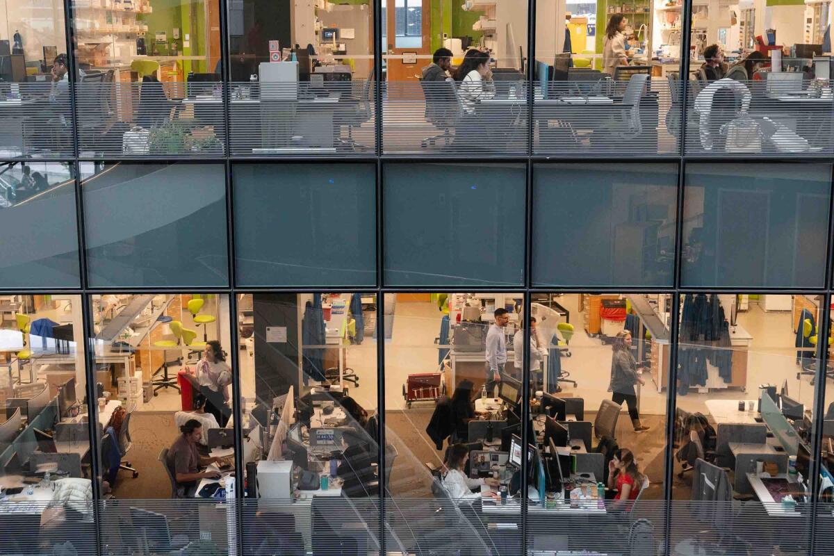 People work in lab space in the EXP building at Northeastern University in Boston.