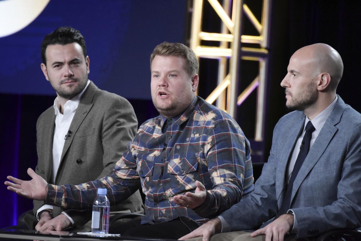 Ben Winston, left, James Corden and Eric Pankowski at TCA on Monday.