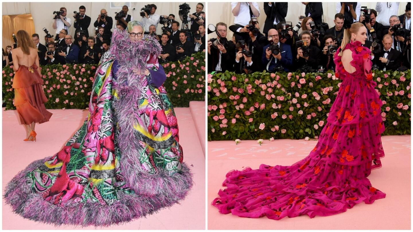 Hamish Bowles, left, in Maison Margiela and Rachel Brosnahan, right, in Erdem at the 2019 Met Gala.