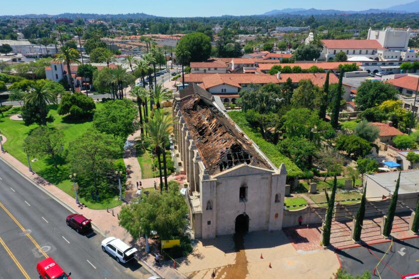 SAN GABRIEL, CALIFORNIA-JULY 11, 2020-The 249-year-old San Gabriel Mission caught fire overnight and burned most of the roof and interior. The cause is unknown at this time.(Carolyn Cole/Los Angeles Times)