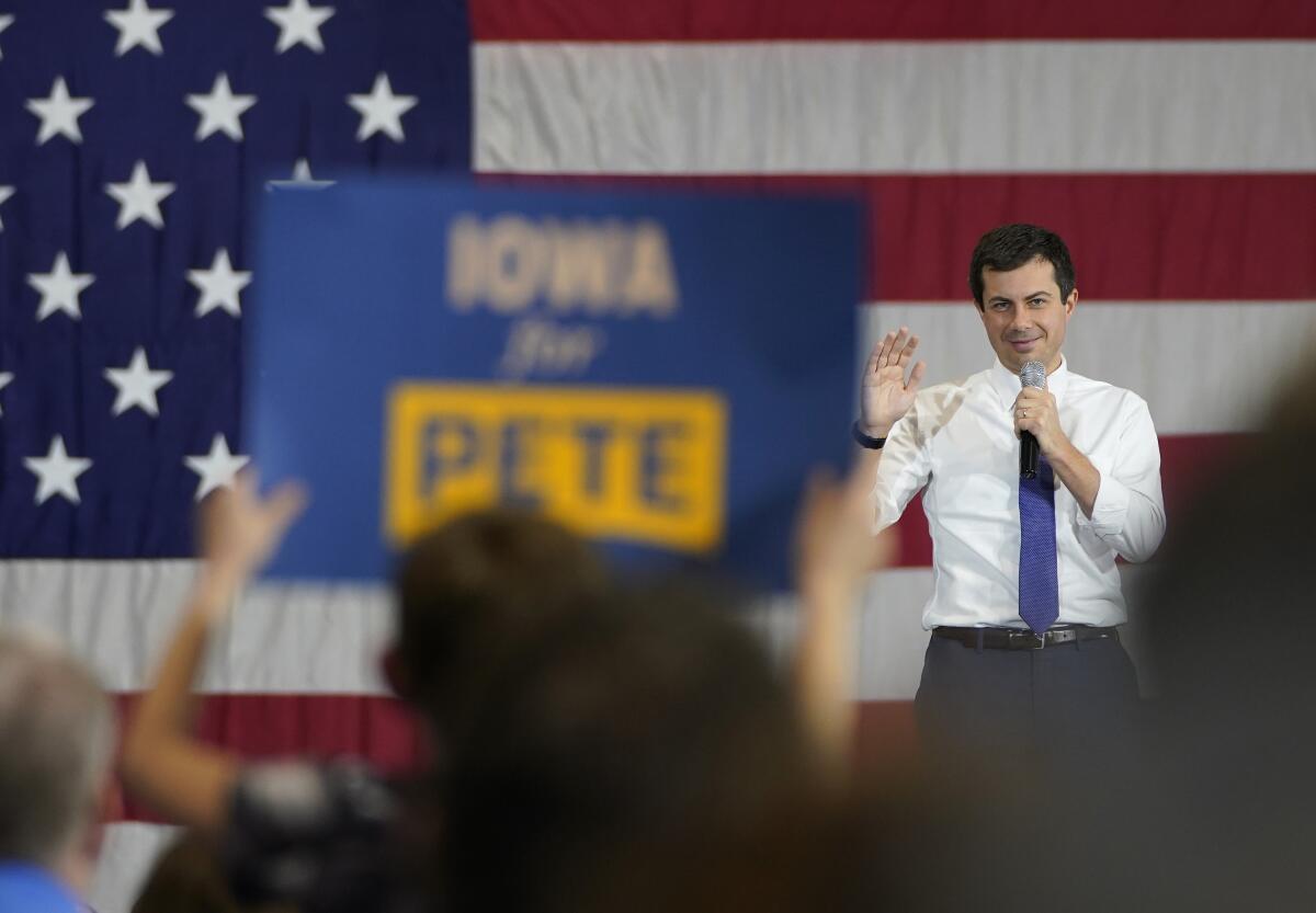 South Bend Mayor Pete Buttigieg speaks at a campaign event in Coralville, Iowa.