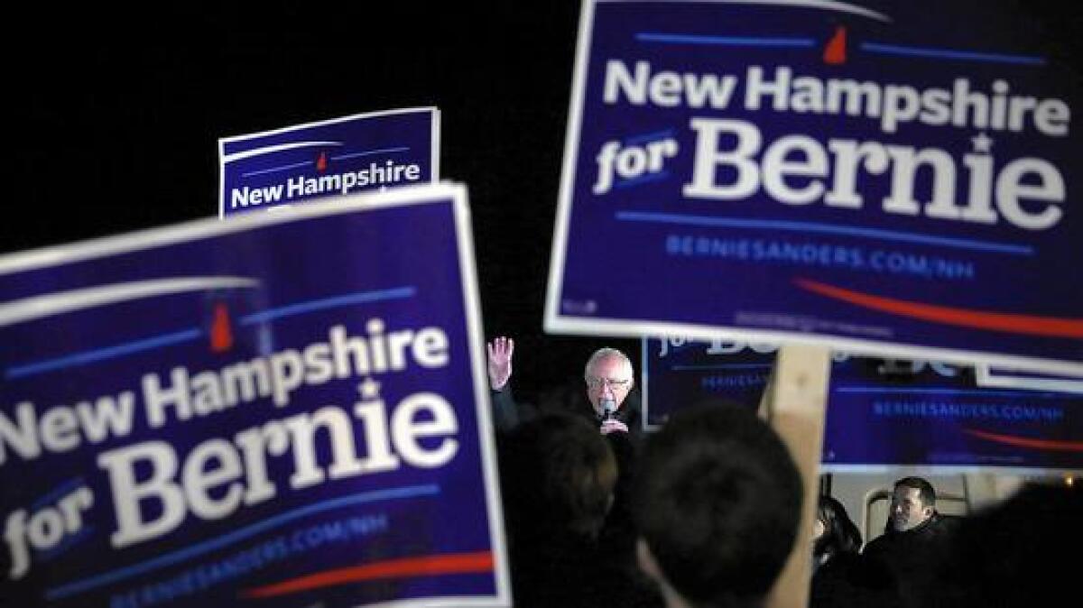 Bernie Sanders, who is favored to win next week's Democratic primary in New Hampshire, speaks to supporters in Concord, the state capital.