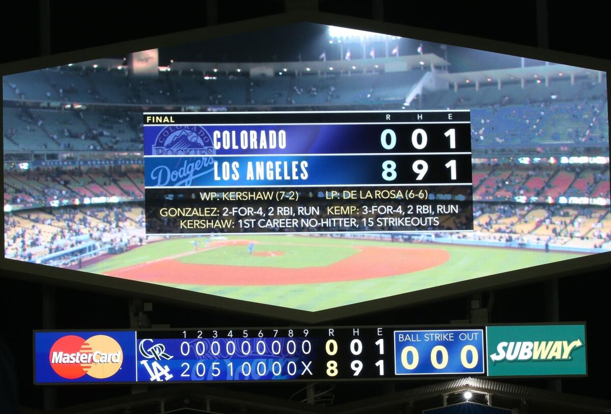 The Dodger Stadium videoboard shows all the zeroes put up by ace Clayton Kershaw against Colorado on Wednesday night.