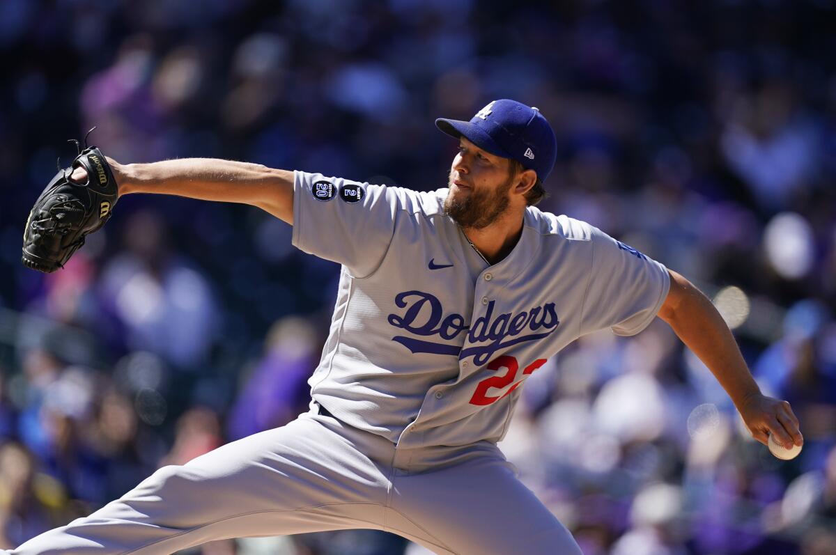 Dodgers pitcher Clayton Kershaw works against the Colorado Rockies.