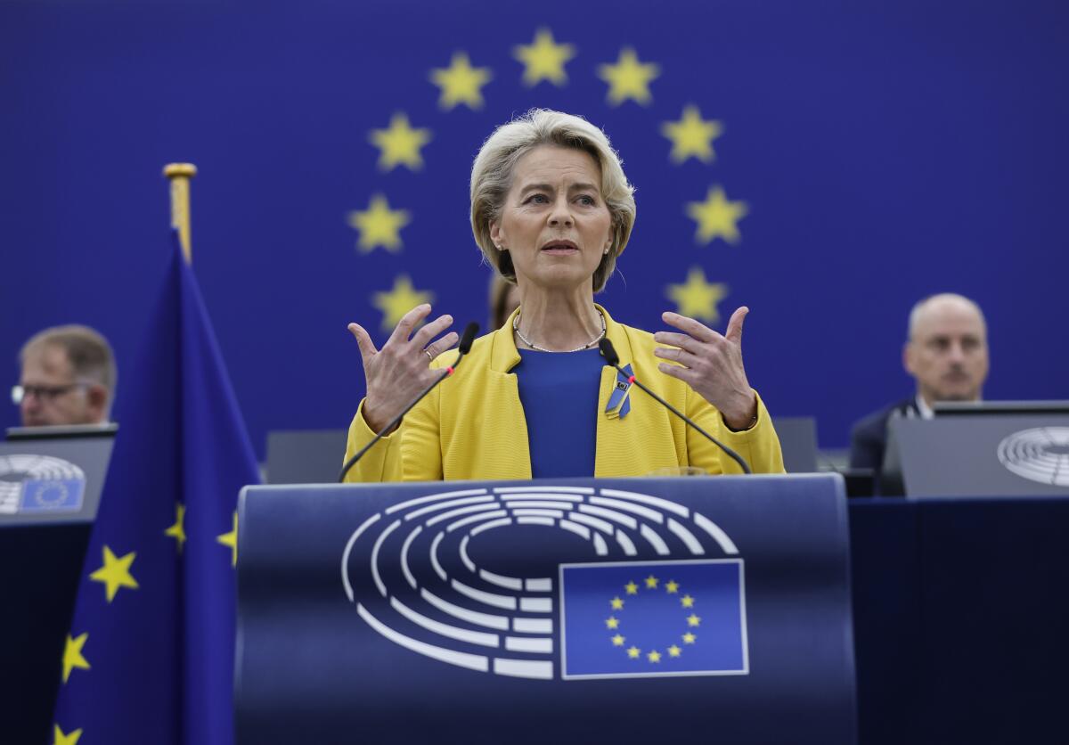 European Commission President Ursula von der Leyen gestures as she speaks on Ukraine at the European Parliament in Strasbourg, eastern France, Wednesday, Sept. 14, 2022. (AP Photo/Jean-Francois Badias)