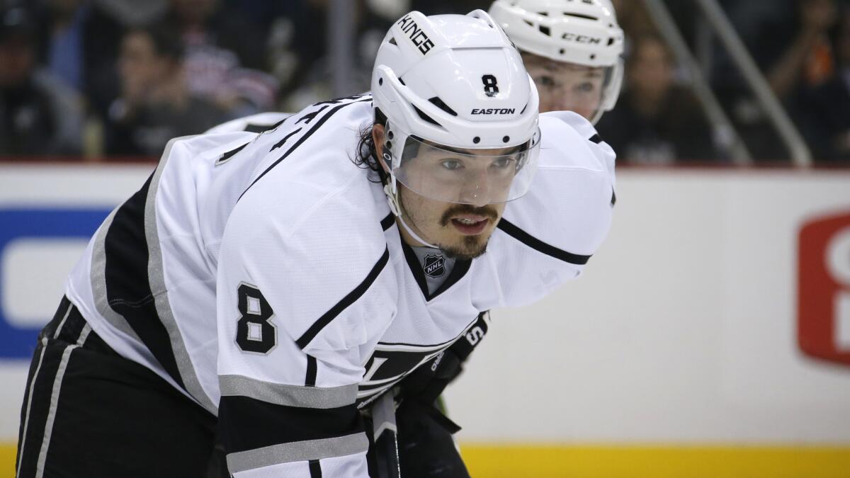 Kings defenseman Drew Doughty readies for a face off during a game against the Pittsburgh Penguins on Oct. 30.