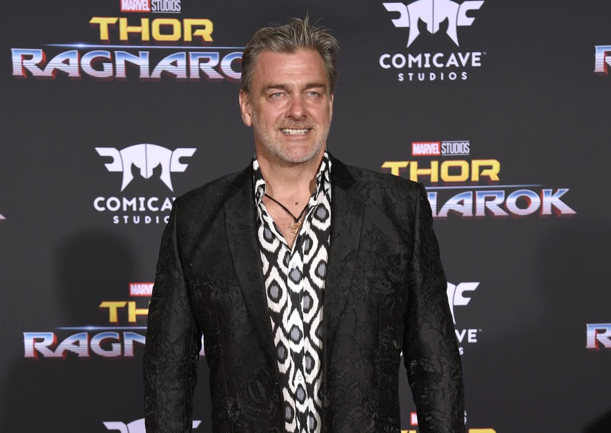 Ray Stevenson in a dark blazer and a patterned dress shirt smiling during an appearance on the red carpet
