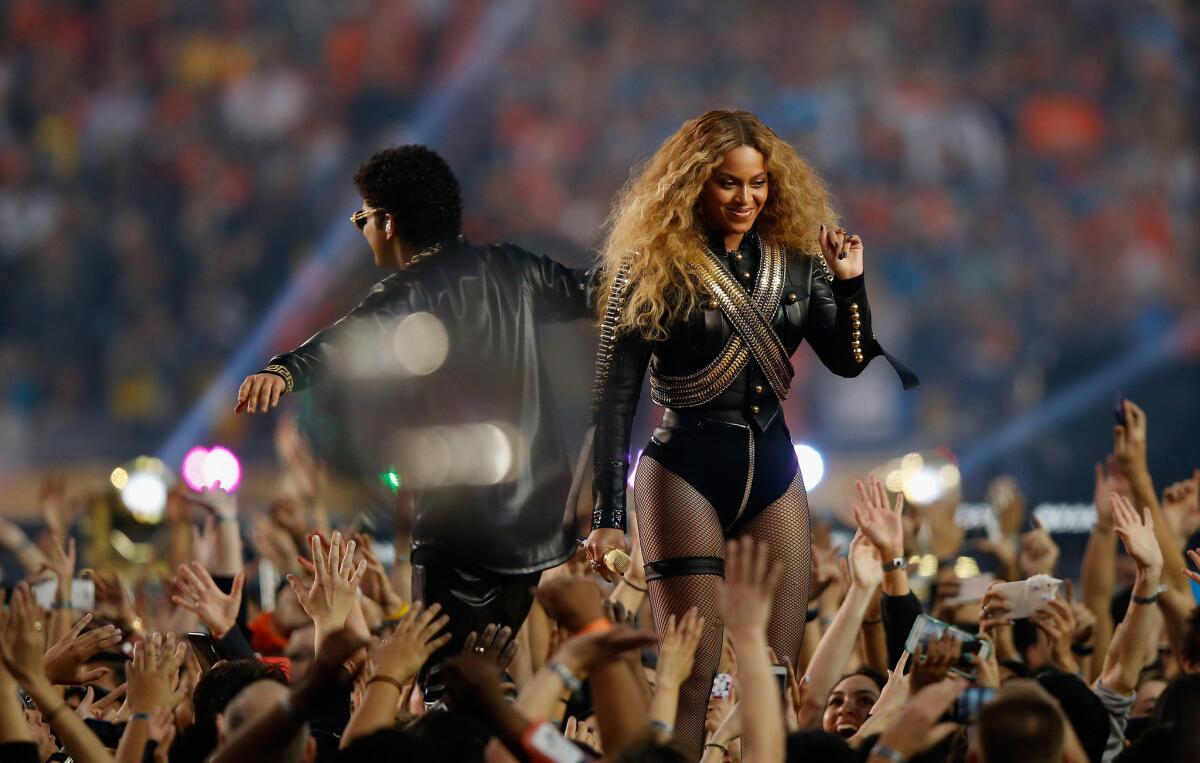 Beyonce and Bruno Mars perform during the Super Bowl 50 Halftime Show in Santa Clara in February.