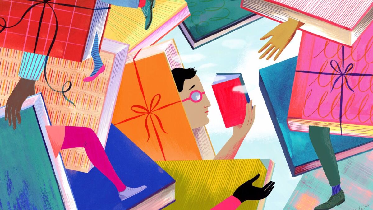 Illustration of people holding books and emerging from books