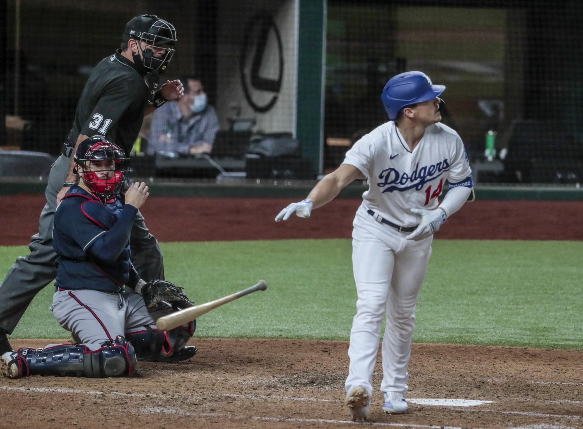 Dodgers second baseman Kiké Hernández hits a solo home run.