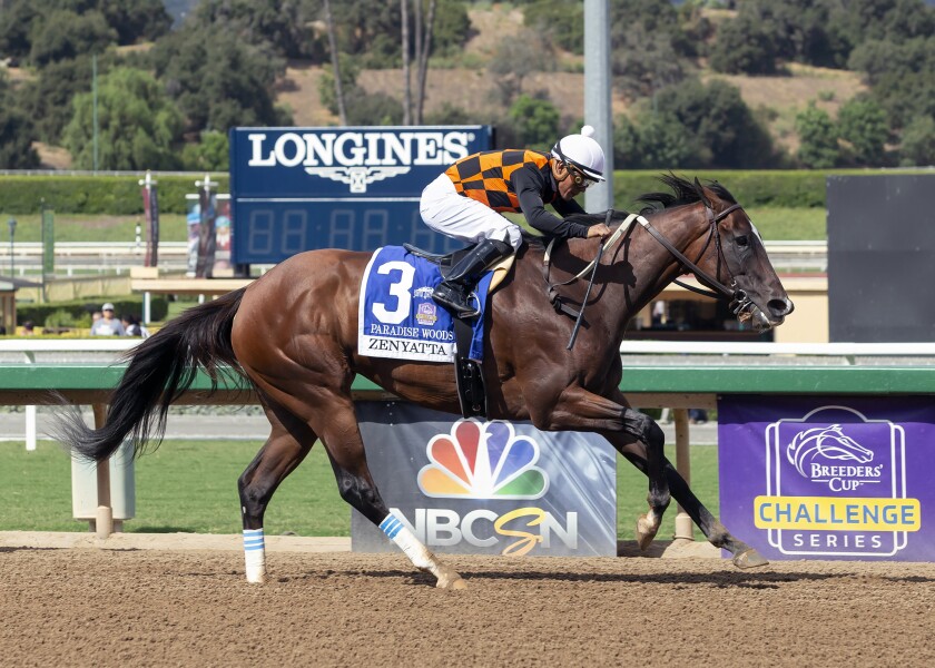 Paradise Woods, with jockey Abel Cedillo aboard, wins the Grade 2 $200,000 Zenyatta Stakes at Santa Anita Park on Sunday.
