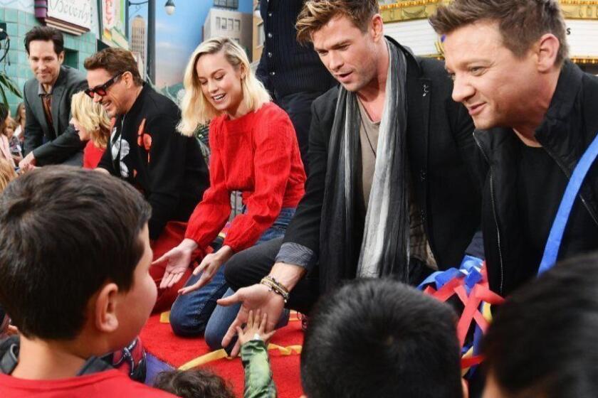 ANAHEIM, CA - APRIL 05: (L-R) Paul Rudd, Scarlett Johansson, Robert Downey Jr., Brie Larson, Chris Hemsworth and Jeremy Renner attend Avengers Universe Unites, a charity event to celebrate the donation of more than $5 million in cash and toys to nonprofits supporting children with critical illnesses, at Disney California Adventure Park on April 5, 2019 in Anaheim, California. (Photo by Emma McIntyre/Getty Images for Disney) ** OUTS - ELSENT, FPG, CM - OUTS * NM, PH, VA if sourced by CT, LA or MoD **