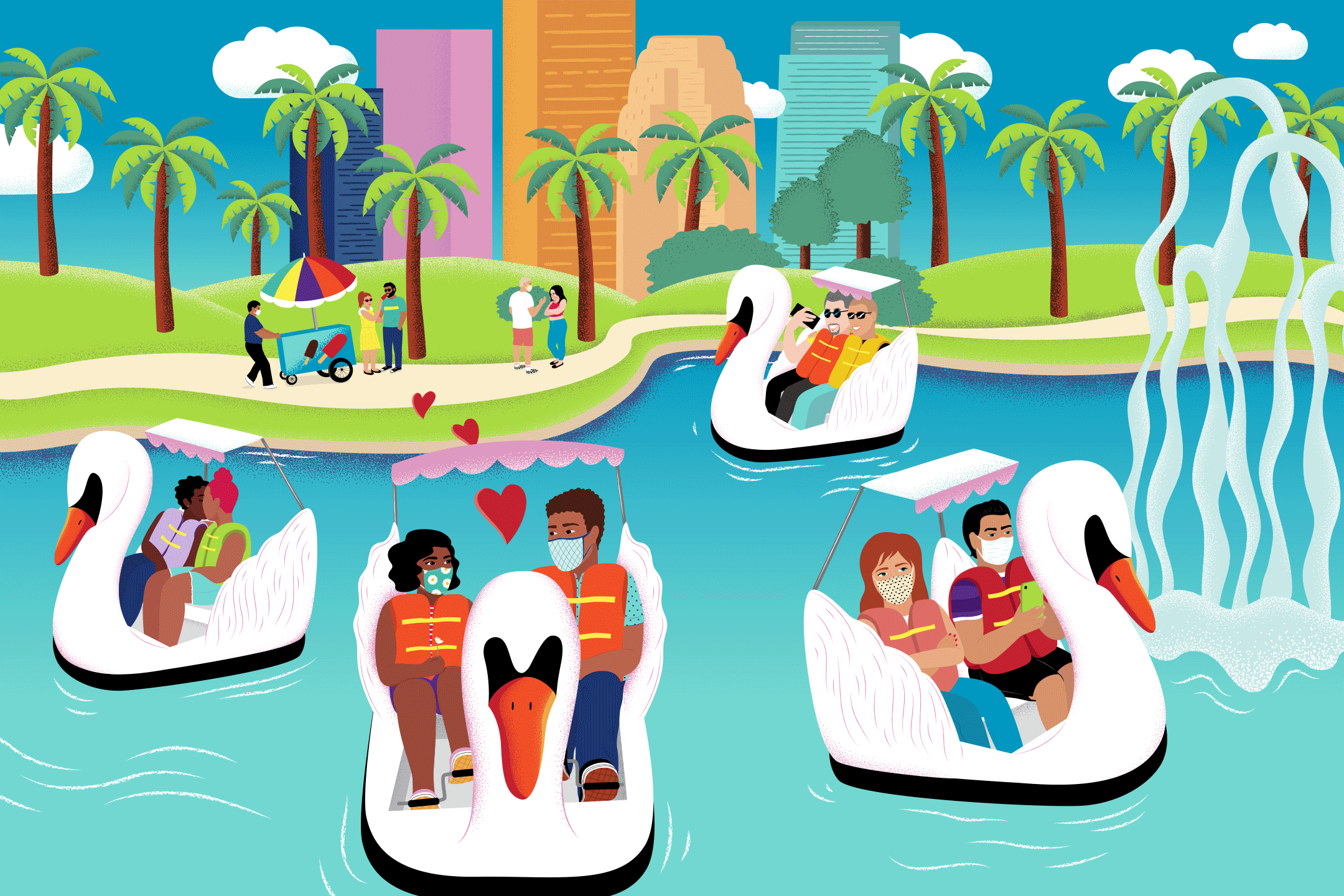 Illustrated gif of people at the swan boats in Echo Park.