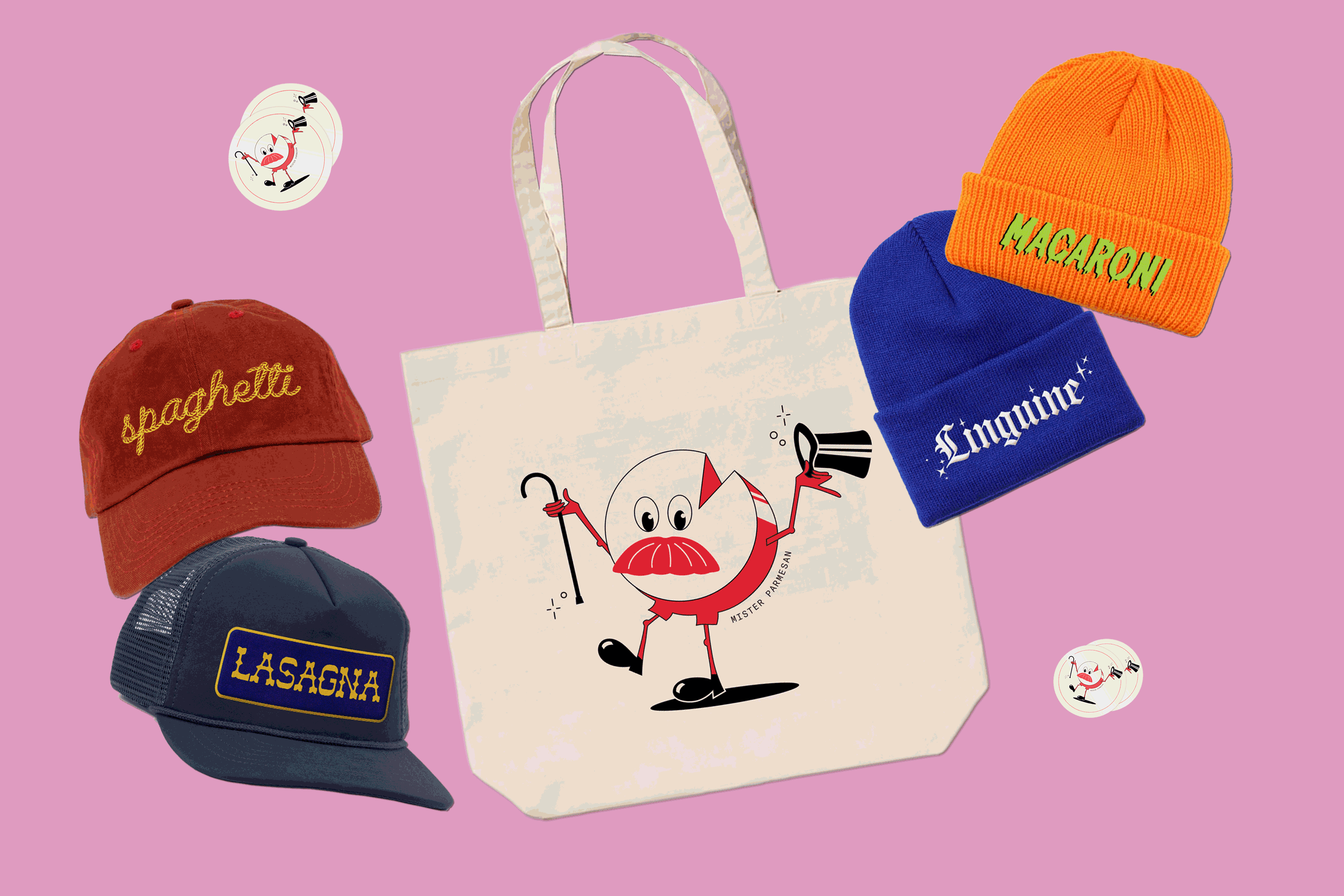 Mister Parmesan has some primo merch for all you pasta lovers, including hats, stickers, totes and more.