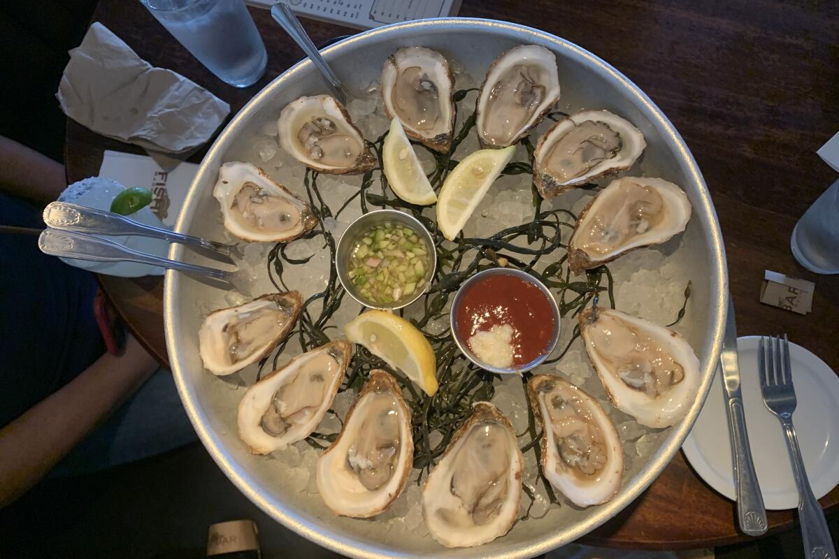 The oyster options at Fishbar rotate daily, with an oyster happy hour that runs Monday through Friday.