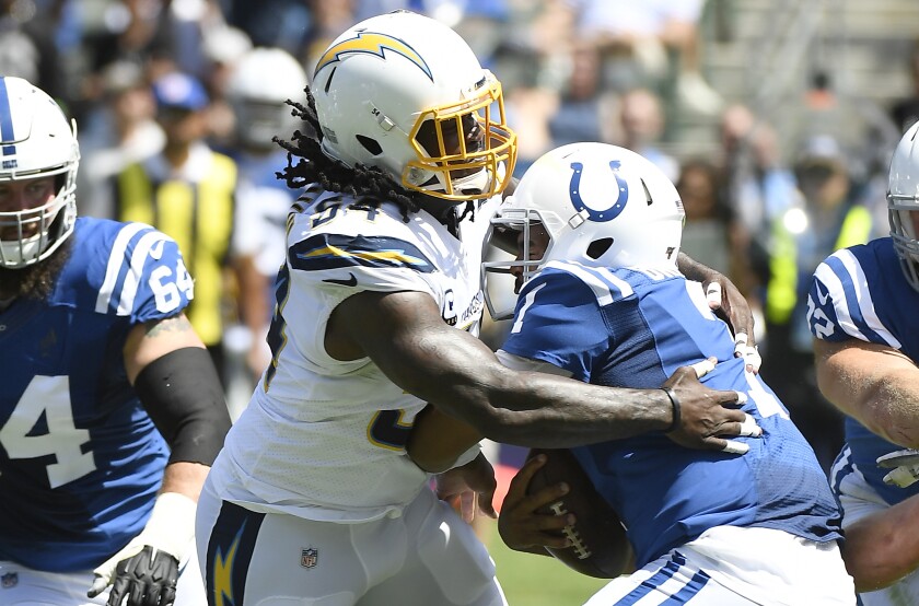 Chargers defensive end Melvin Ingram sacks Indianapolis Colts quarterback Jacoby Brissett.