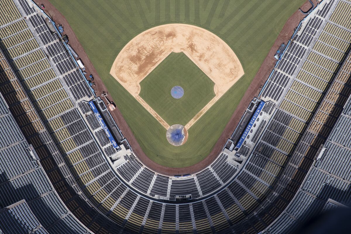 An aerial view of a deserted Dodger Stadium.