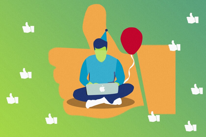 An illustration of a man sitting alone with a laptop computer,  birthday hat and balloon, surrounded by Facebook "likes."