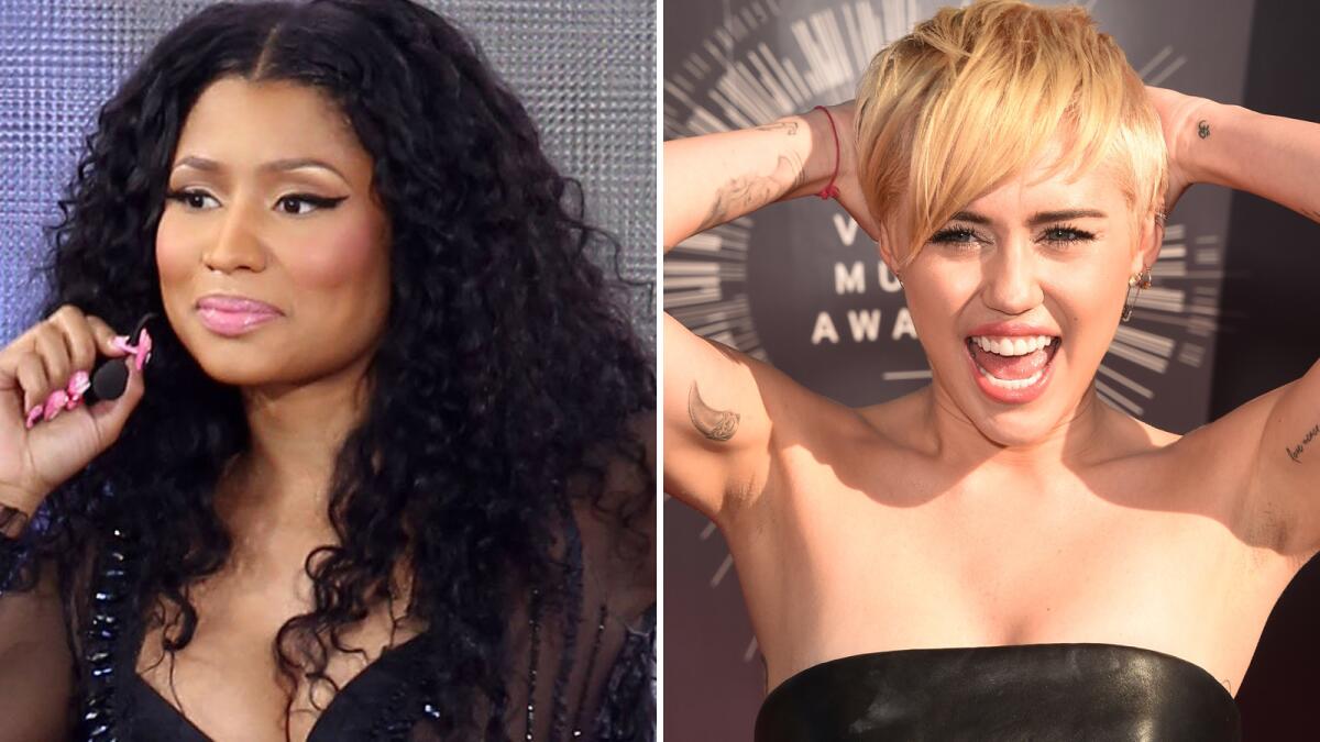 Nicki Minaj, left, performs on ABC's "Good Morning America"; Miley Cyrus attends the 2014 MTV Video Music Awards.