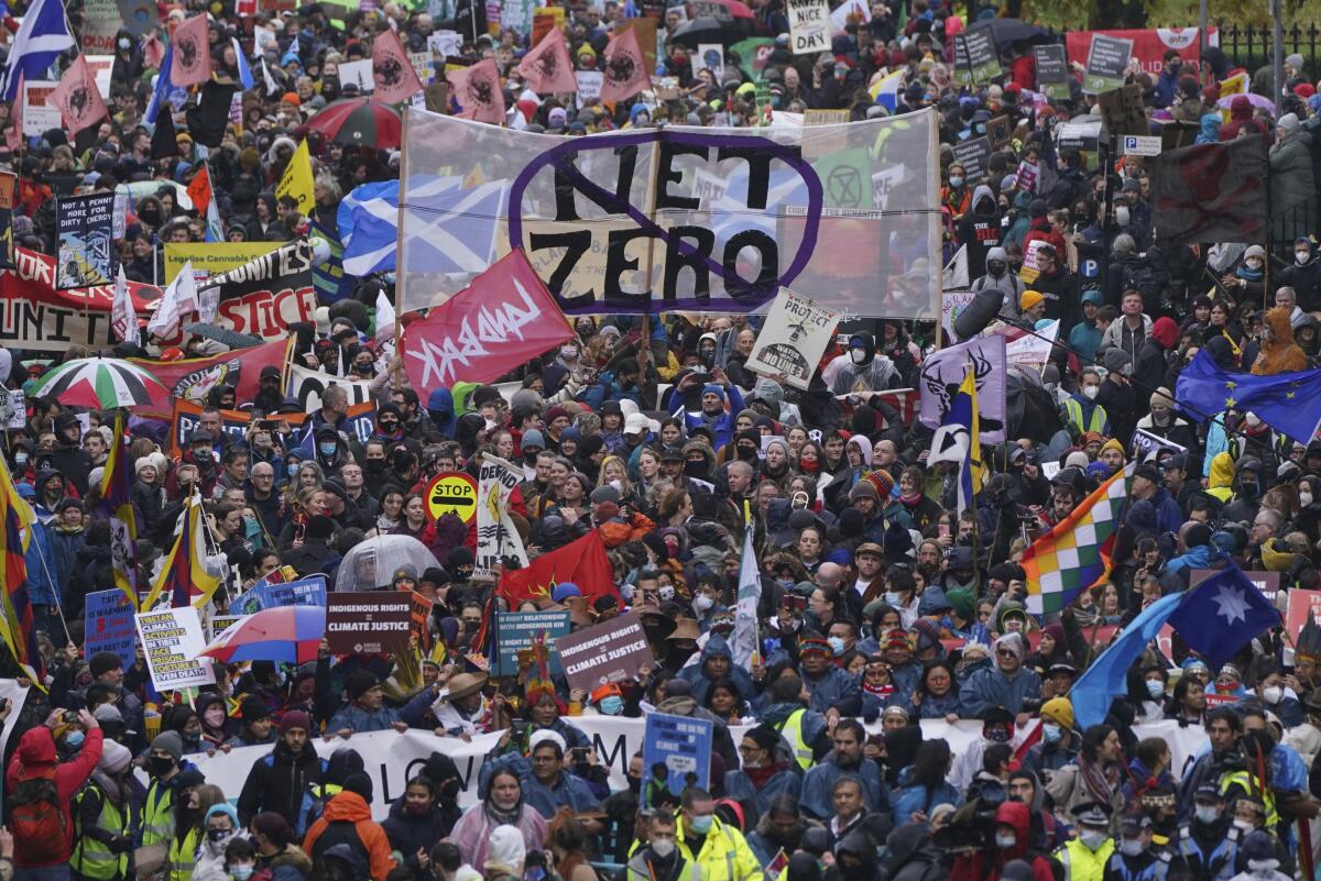 Climate activists attend a protest with banners and flags