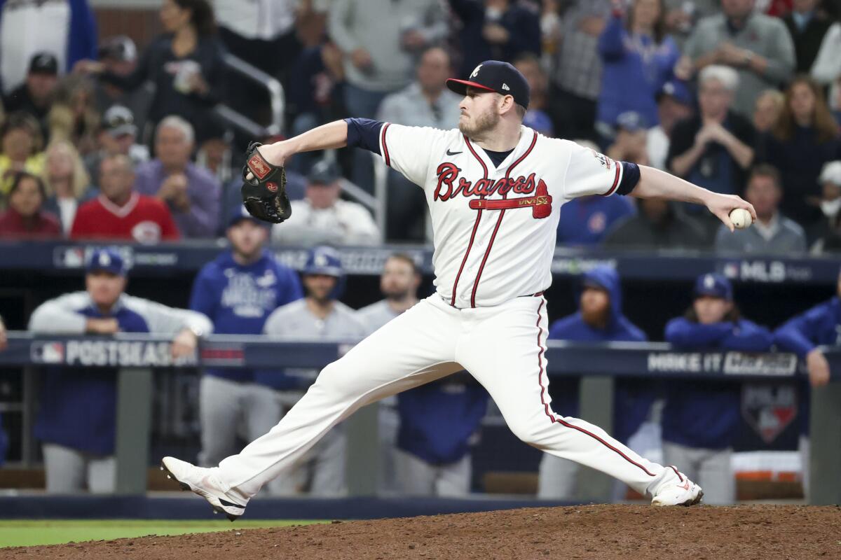 Atlanta Braves relief pitcher Tyler Matzek delivers a pitch during the eighth inning.