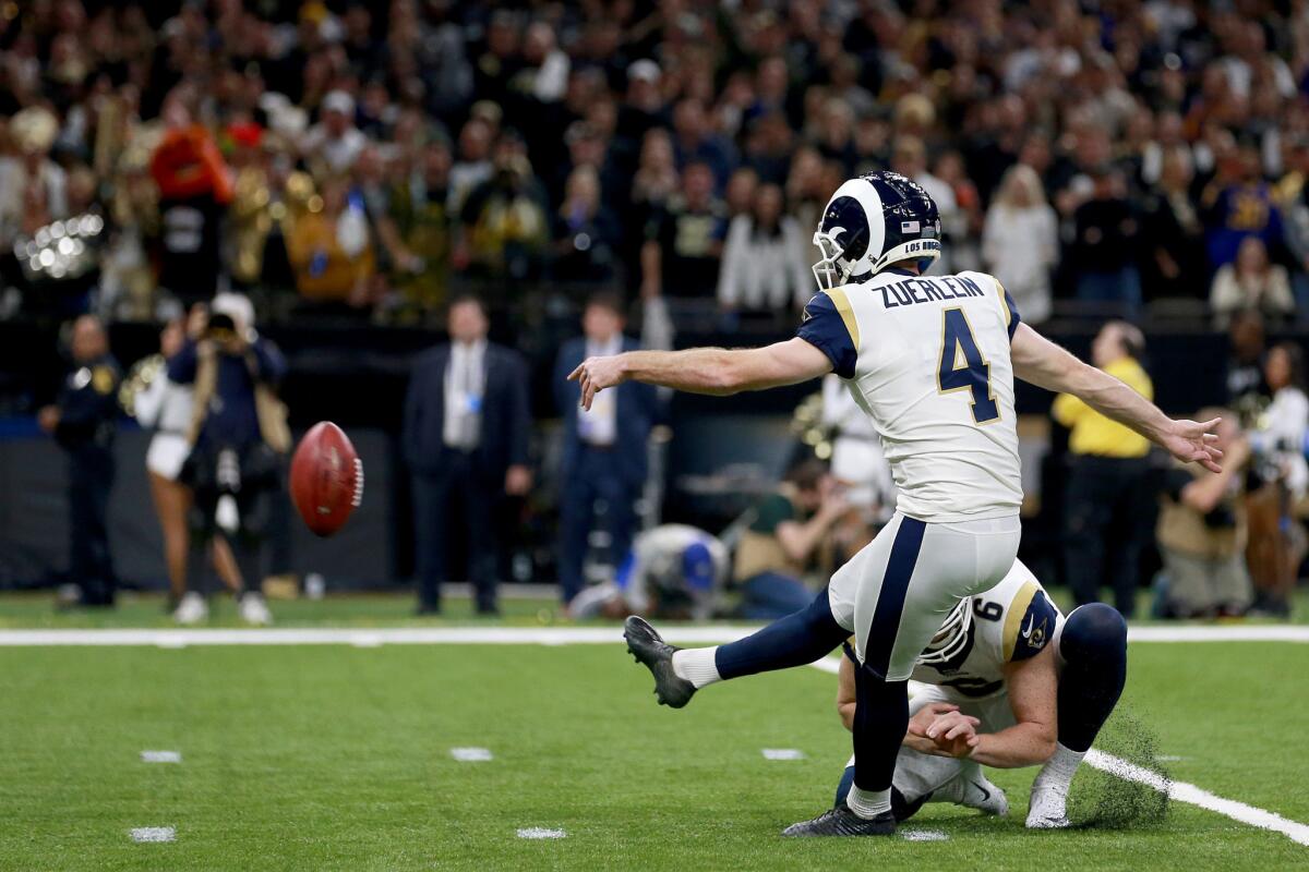 Greg Zuerlein kicks a field goal against New Orleans.