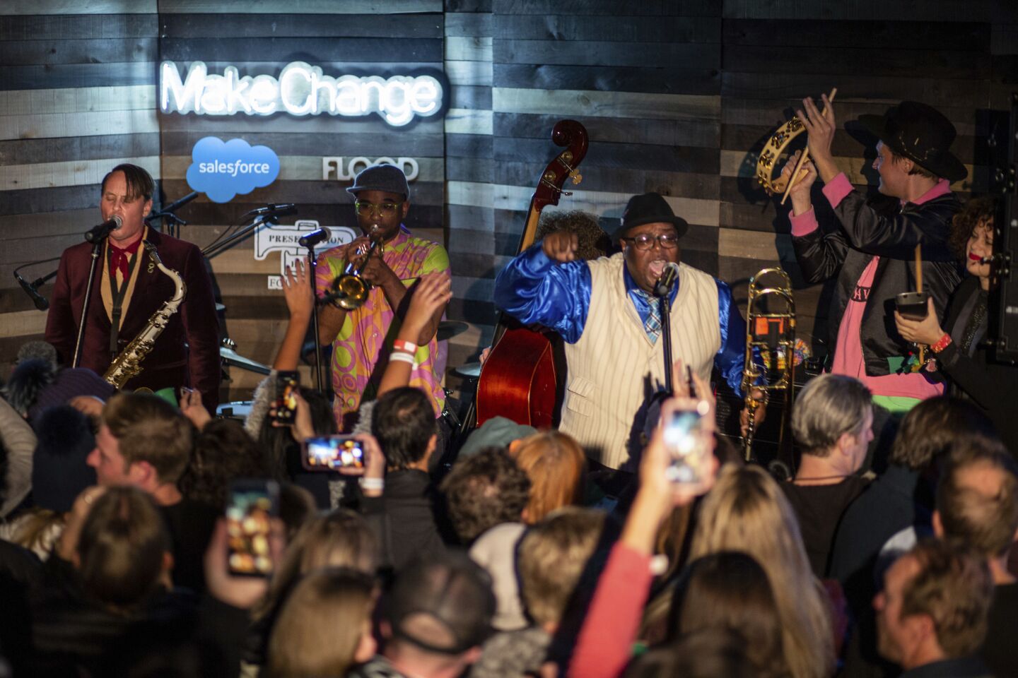 The Preservation Hall Jazz Band performs with Win Butler and Regine Chassagne of Arcade Fire at the Salesforce Music Lodge during the Sundance Film Festival.
