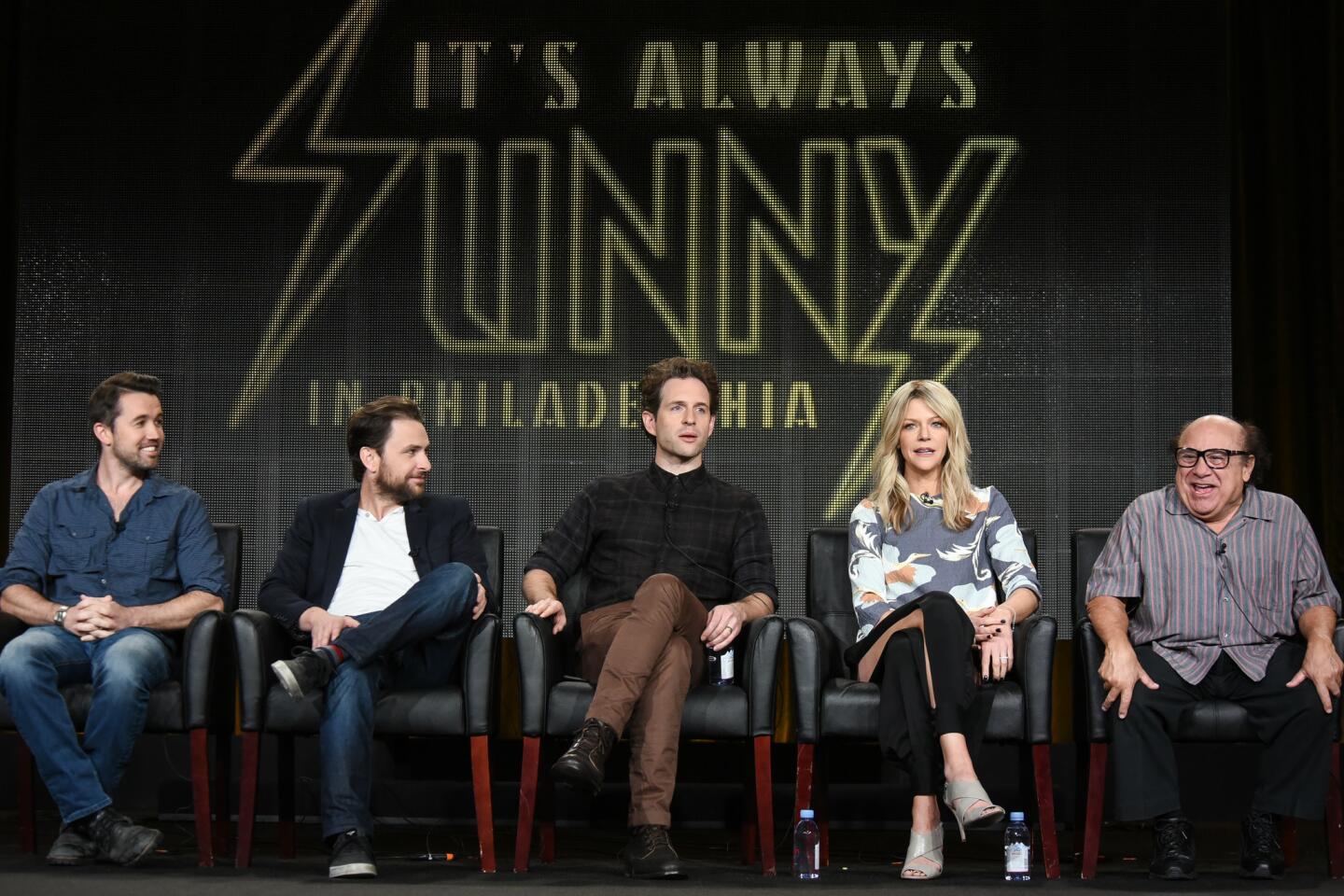 From left, Rob McElhenney, Charlie Day, Glenn Howerton, Kaitlin Olson and Danny DeVito during the "It's Always Sunny in Philadelphia" panel discussion at the FX 2015 Winter TCA.