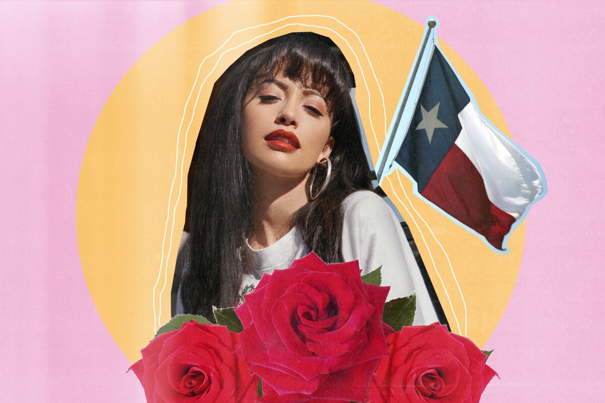 A photo illustration of Christian Serratos as Selena above three roses with the Texas flag next to her