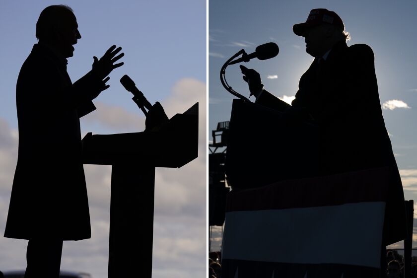 Democratic presidential candidate former Vice President Joe Biden(L) and President Donald Trump campaign Monday, Nov. 2, 2020