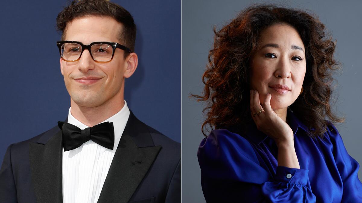 Andy Samberg, left, and Sandra Oh will co-host the 2019 Golden Globes.