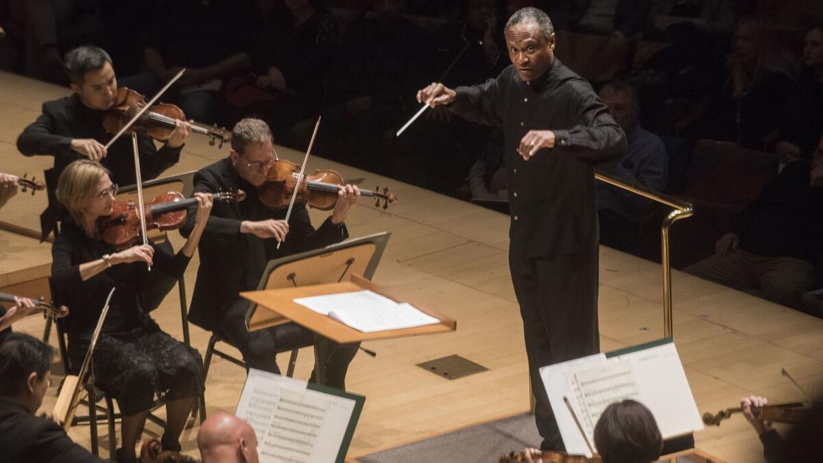 Thomas Wilkins conducts William Grant Still's Symphony No. 4 as part of the Los Angeles Philharmonic's tribute to the Harlem Renaissance at Walt Disney Concert Hall on Sunday afternoon.