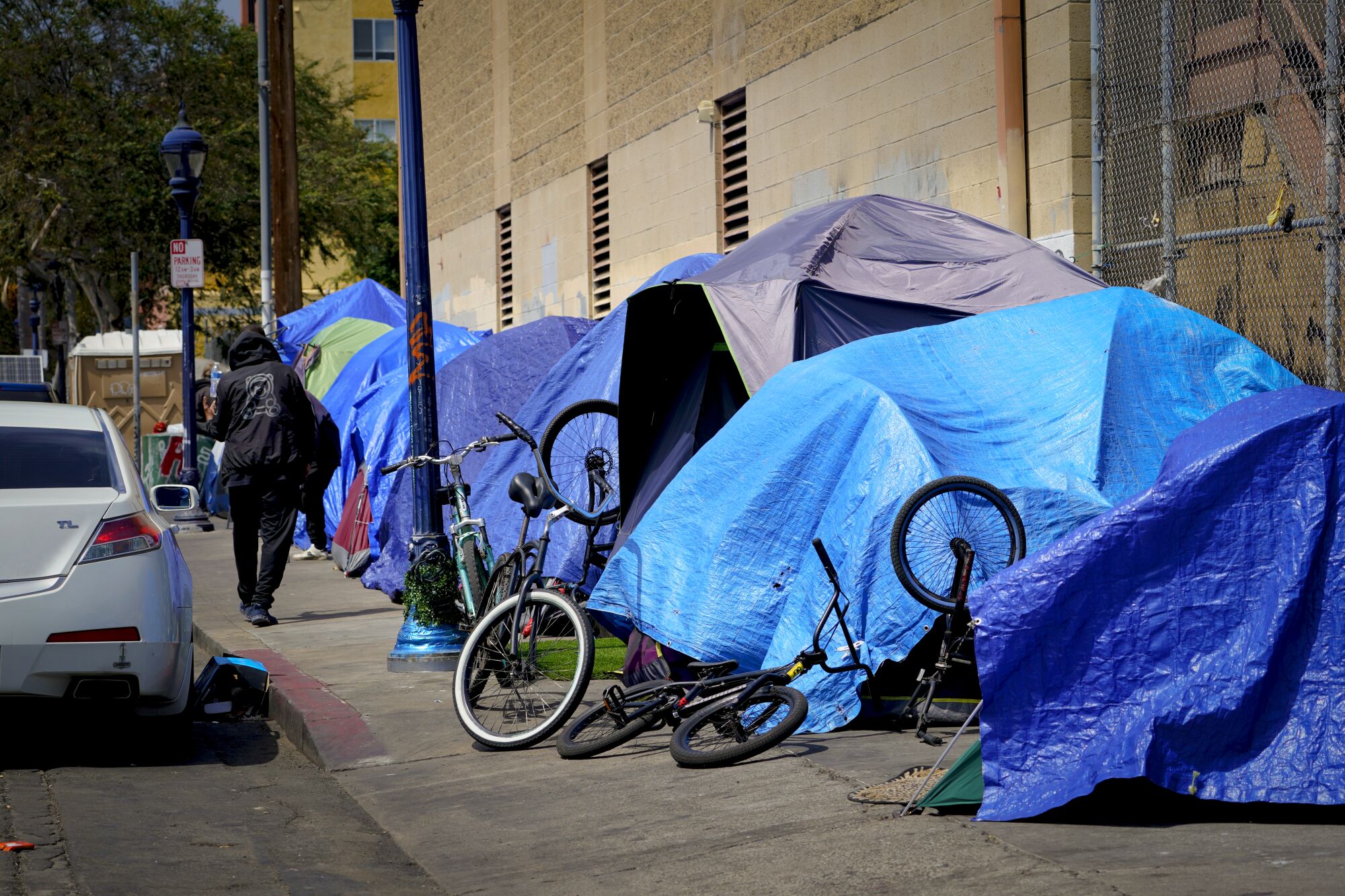 A row of tents in downtown San Diego.