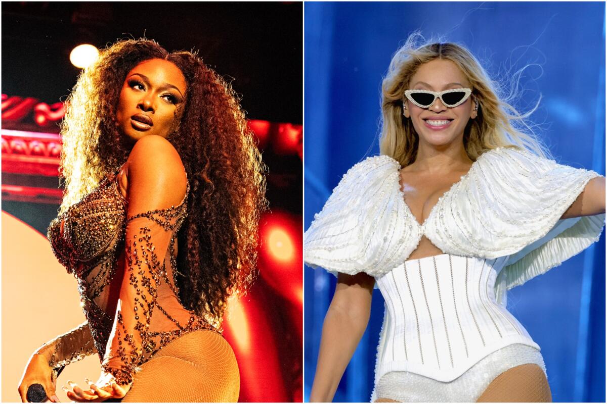 A split image of Megan Thee Stallion striking a pose onstage, left, and Beyoncé smiling onstage