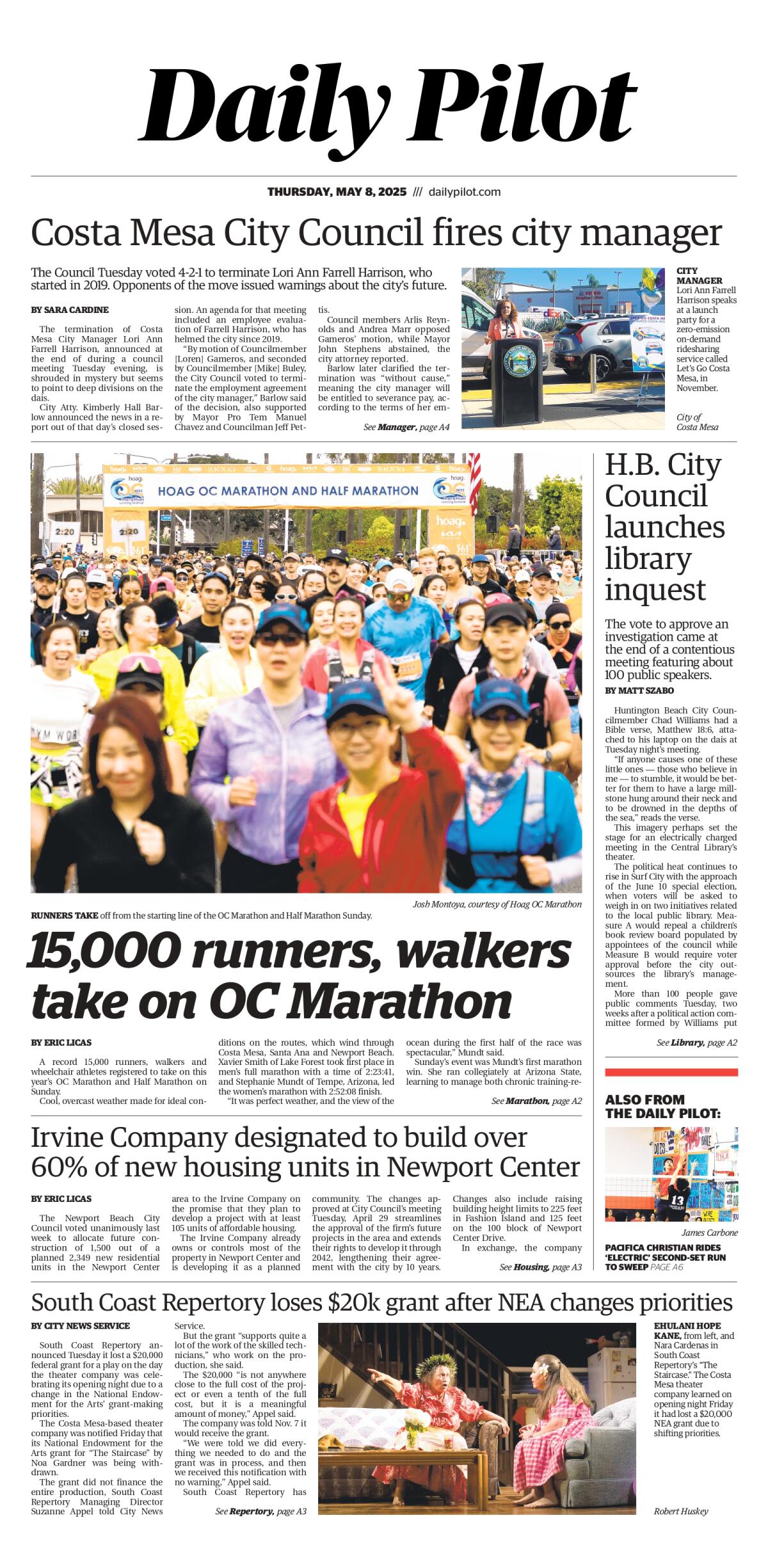 Front page of the Daily Pilot e-newspaper for Thursday, May 8, 2025.