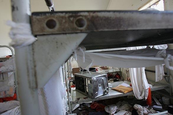 CHINO, CA - AUGUST 19, 2009: Smashed and uprooted water fountain sits among the chaos on a bunk bed at the Mariposa residential hall where California Governor Arnold Schwarzenegger toured at California Institution for Men in Chino prison where prisoners rioted last week, on Wednesday August 19, 2009.